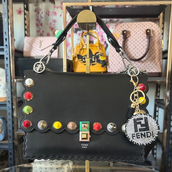 Fendi Black Kani Leather Satchel with Multicolored Stud Accents and Charm - Picture 2 of 7